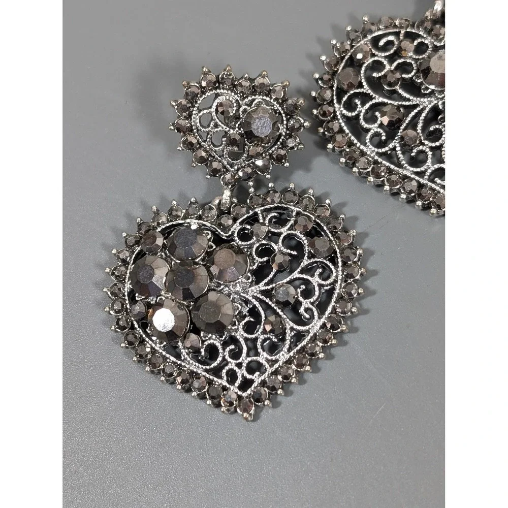Large‎ Heart Dangle Earrings Silver Tone Openwork Gray Rhinestone Pierced